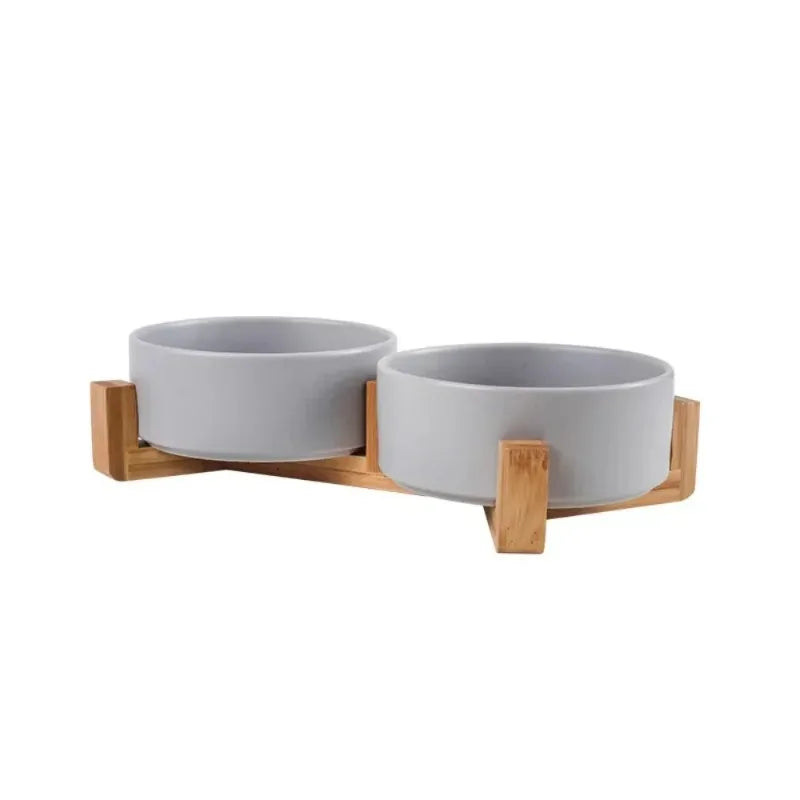 Cat Bowl with Wooden Stand High Legged Pet Dish for Neck Protection Water Food Bowl for Dogs Cats