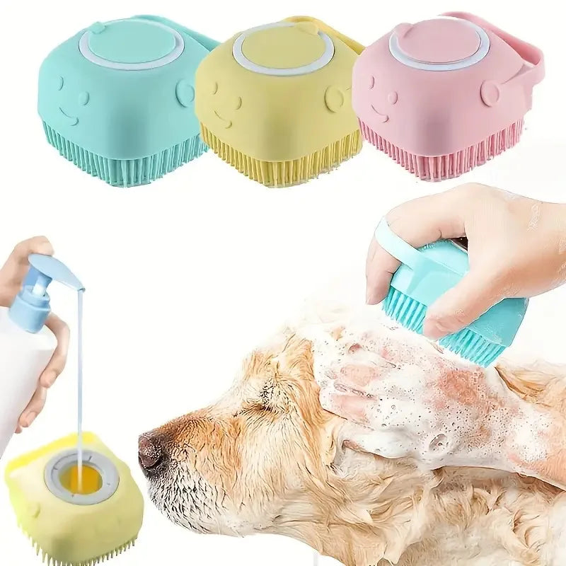 Pet Shower Bath Brush with Storage, Massage Brush for Cats Dogs, Non-Toxic Easy Clean, Ergonomic Handle