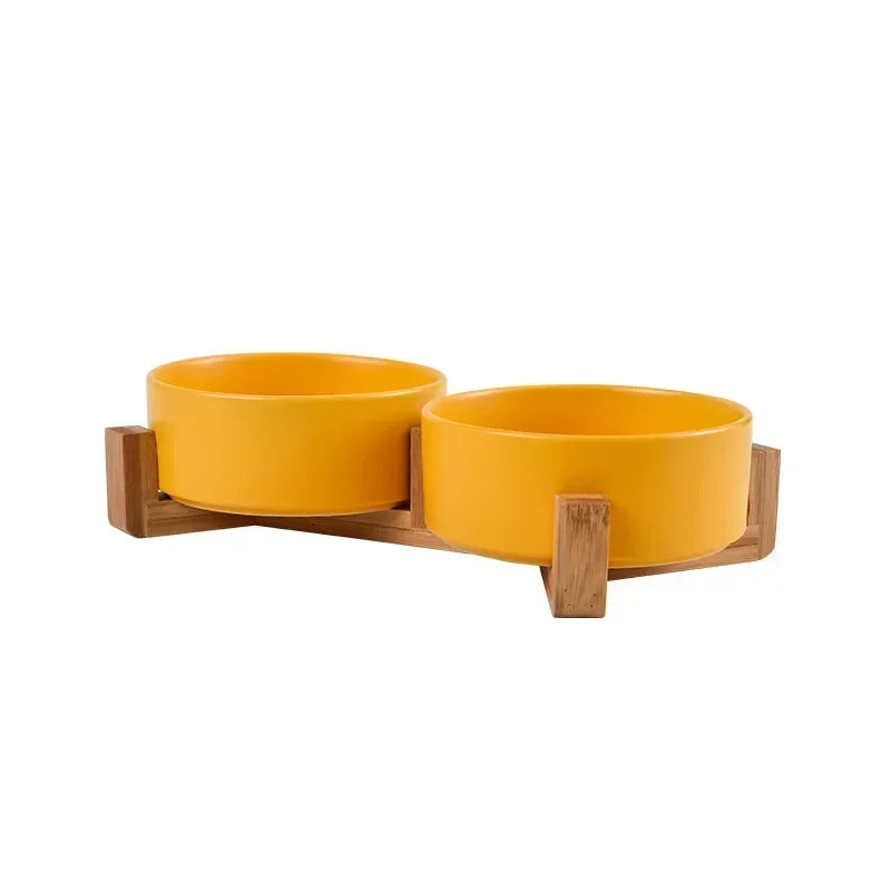 Cat Bowl with Wooden Stand High Legged Pet Dish for Neck Protection Water Food Bowl for Dogs Cats