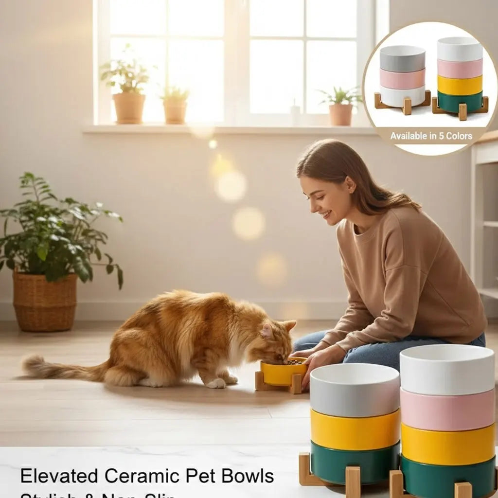 Cat Bowl with Wooden Stand High Legged Pet Dish for Neck Protection Water Food Bowl for Dogs Cats