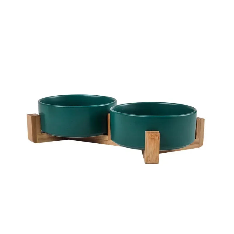 Cat Bowl with Wooden Stand High Legged Pet Dish for Neck Protection Water Food Bowl for Dogs Cats