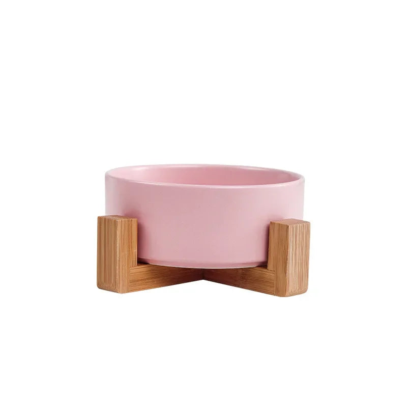 Cat Bowl with Wooden Stand High Legged Pet Dish for Neck Protection Water Food Bowl for Dogs Cats