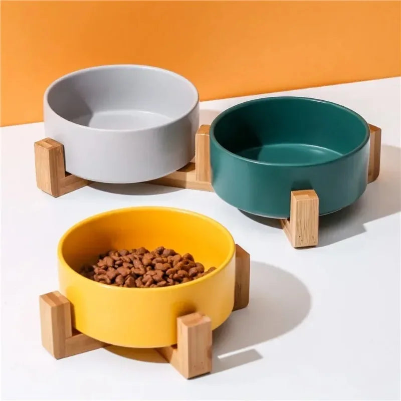Cat Bowl with Wooden Stand High Legged Pet Dish for Neck Protection Water Food Bowl for Dogs Cats