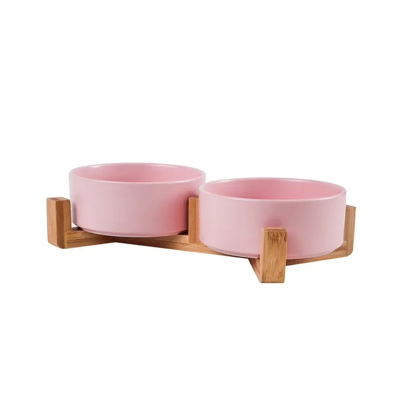 Cat Bowl with Wooden Stand High Legged Pet Dish for Neck Protection Water Food Bowl for Dogs Cats